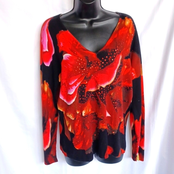 Coldwater Creek Women's Rose Vneck Long Sleeve Sequin Pullover Sweater - Picture 1 of 6